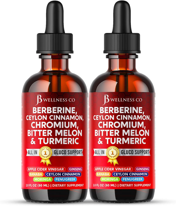 JB Wellness Co Berberine with Ceylon Cinnamon Supplement Liquid Drops + Bitter Melon Extract, Glucomannan,