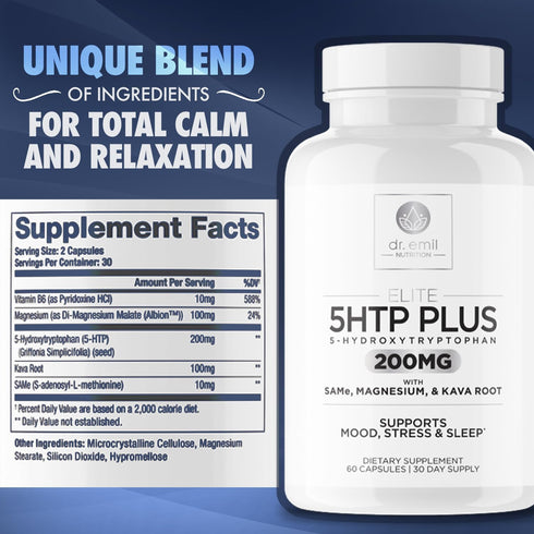200 MG 5-HTP Elite with Kava Root Extract, Magnesium & SAM-e, 60 Capsules for Healthy Sleep & Wellbeing