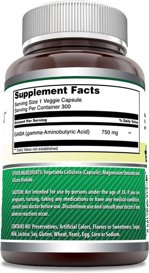 Amazing Formulas GABA 750mg Per Serving Veggie Capsules Supplement | Non-GMO | Gluten Free | Made in USA | Ideal for Vegetarians (300 Count)