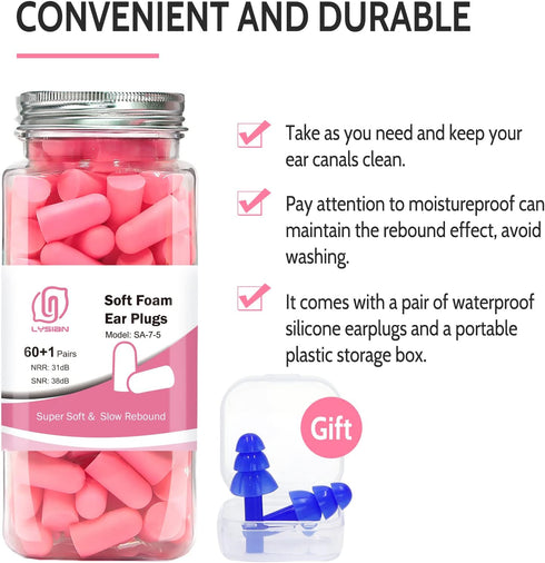 LYSIAN Ultra Soft Foam Ear Plugs for Sleep - 38dB Noise Cancelling Earplugs, 60 Pairs, Pink Color