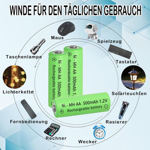 Lombaour 1.2 500mAh Lights(12 Volts AA Solar Long Life Rechargeable Green Batteries,Double A Nickel Metal Hydride Solar