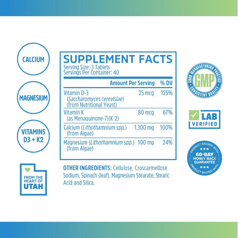 Zhou Nutrition Calcium Greens, Bone Support Superfood, Calcium Magnesium Supplement from Algae, Vitamin D3 K2, 1300mg of Calcium, 120 Tablets
