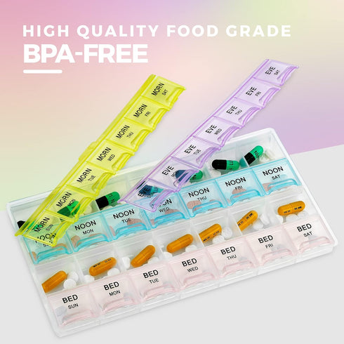 Large Pill Organizer with Weekly and Daily 4-Times-A-Day Compartments, BPA-Free, Portable Pill Boxes Case