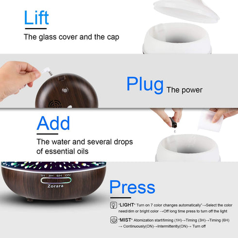Zorara 550ml 3D 7 Essential Oil Diffuser Cool Mist Humidifier Glass Ultrasonic Aromatherapy Humidifier with Color