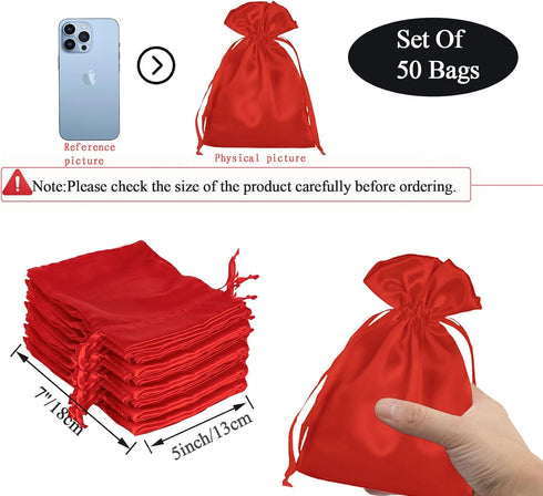 50 Pack 5X7 Red Satin Bags, Small Gift, Jewelry, Wedding Favor, Baby Shower Party Favor Bags