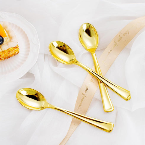 WDF 100 Pack Gold Plastic Spoons Disposable, 6.9 Inch Heavy Duty Spoons for Parties, Weddings