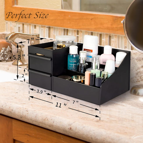 Makeup Desk Organizer with Drawers, Countertop Organizer for Cosmetics, Vanity Holder for Gothic Decor, Lipstick, Brushes, Lotions, Eyeshadow, Nail Polish and Jewelry (Black) by Decorcode
