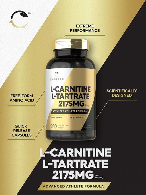 Carlyle L-Carnitine Tartrate 2175mg, 200 Capsules, Advanced Athlete Workout Supplement, Non-GMO, Gluten Free