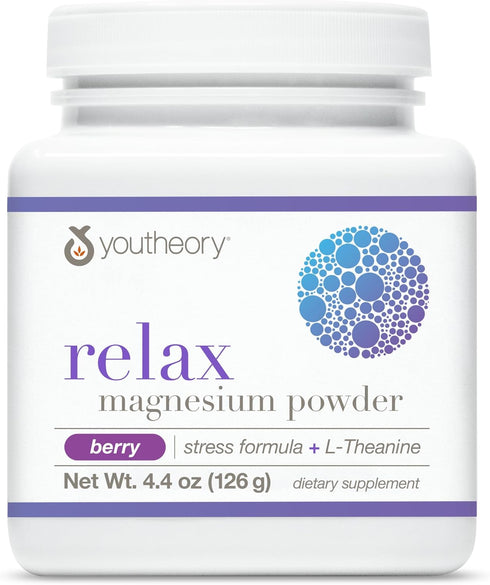 Youtheory Relax Magnesium Powder - Vegan Stress Relief Supplement with L-Theanine & GABA, Supports Relaxation, Dairy,