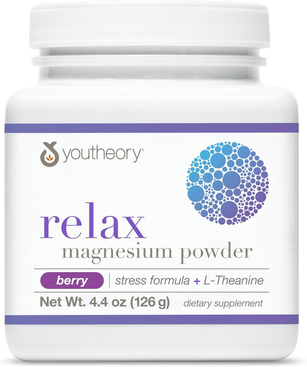 Youtheory Relax Magnesium Powder - Vegan Stress Relief Supplement with L-Theanine & GABA, Supports Relaxation, Dairy,