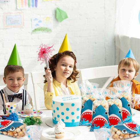 100 Pieces Shark Party Bags - 12.5 x 27.5 cm Plastic Candy Bags with 100 Silver Twist Ties for Summer Ocean Party