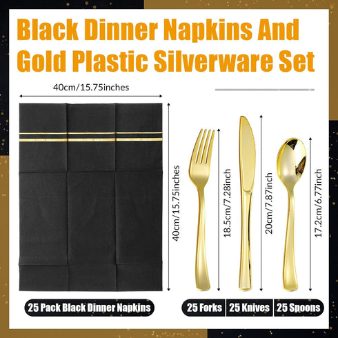 25 Set Plastic Silverware Sets with Napkins Plastic Cutlery Set for Guests Wrapped Disposable Silverware Set with Forks Knives Spoons Napkins for Dinner Party Wedding (Black Gold) by Ireer
