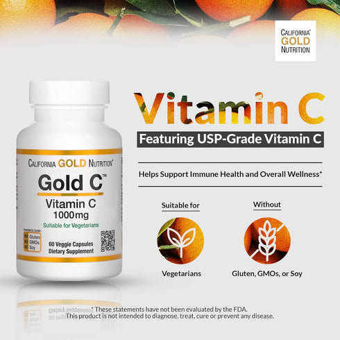 California Gold Nutrition Gold C, USP Grade Vitamin C - 1,000 mg - 60 Veggie Capsules
