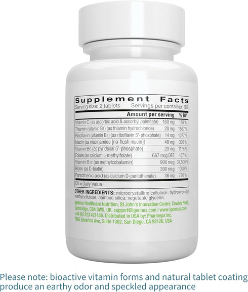 Igennus Super B-Complex Methylated B-Vitamins, MTHFR Supplement with Methylfolate & B12, Vegan, 180 Small Tablets