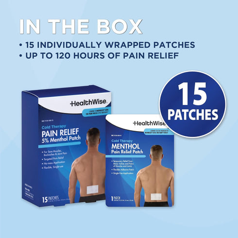 HealthWise Cold Therapy Menthol Pain Relief Patch | 5% Menthol | 15-Count | Soothes Minor Aches and Pains