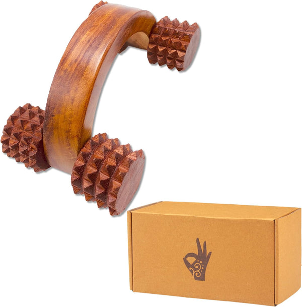HATHKAAM Massage Roller, 5.5" Rosewood Handheld 4 Wheel Accupressure Massager for Full Body Pain Relief and Cellulite