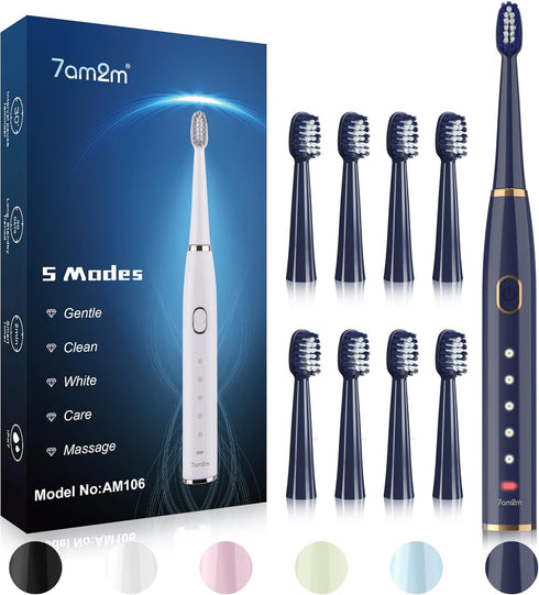 7AM2M Sonic Electric Toothbrush for Adults and Kids, Navy - High Power with 8 Brush Heads & 5 Modes