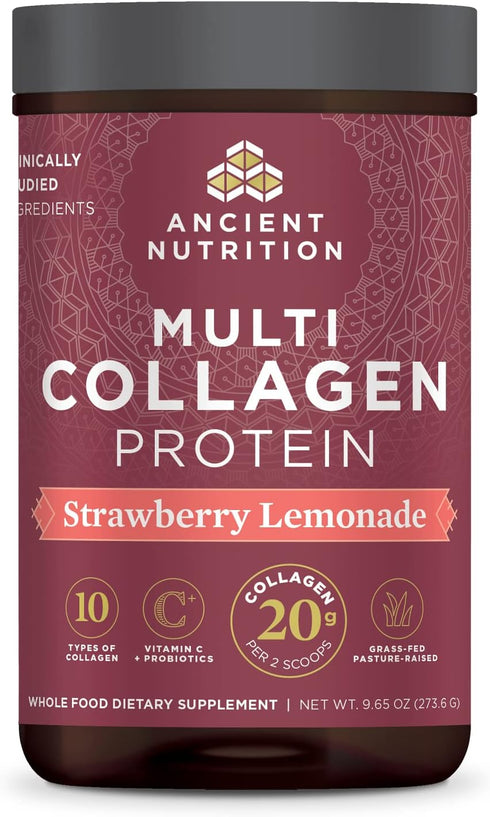 Ancient Nutrition Collagen Powder Protein, Multi Collagen Protein Powder, Strawberry Lemonade, 24 Servings, 9.65oz