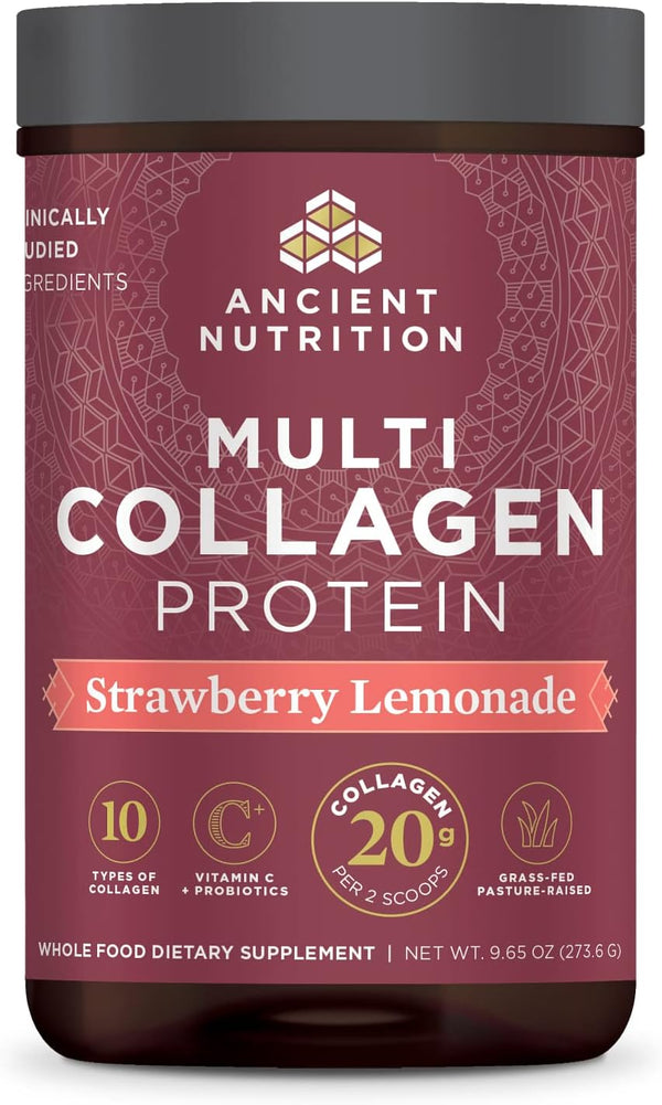 Ancient Nutrition Collagen Powder Protein, Multi Collagen Protein Powder, Strawberry Lemonade, 24 Servings, 9.65oz