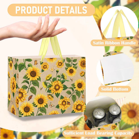 SUNDECO Large Sunflower Gift Bag with Yellow Tissue Paper and Greeting Card, Sunflower Wrapping Paper for Women, Girl