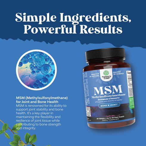 Pure MSM Supplement Tablets for Joint Support, Flexibility, Collagen Boosting, Antioxidant for Men and Women