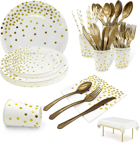 Paper Plates Napkins Set, Disposable 7/9 Inch White and Gold Party Supplies with Forks, Knives, Spoons