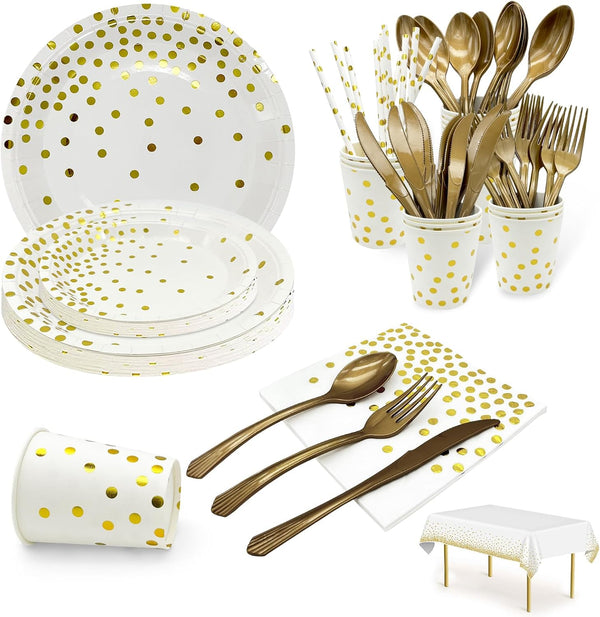 Paper Plates Napkins Set, Disposable 7/9 Inch White and Gold Party Supplies with Forks, Knives, Spoons