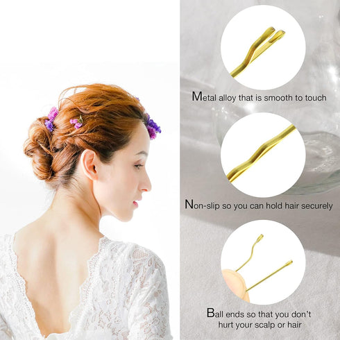 Hoyols Premium Bobby Pin, 100 Count, 2 Inch Gold Crimped Grip Hair Styling Pins for Women Buns Thin Hair