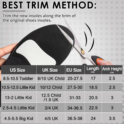 ROCKTAKIN Kids Arch Support Shoe Insoles, Plantar Fasciitis Orthotic Inserts for Children's High Arch and Flat Feet