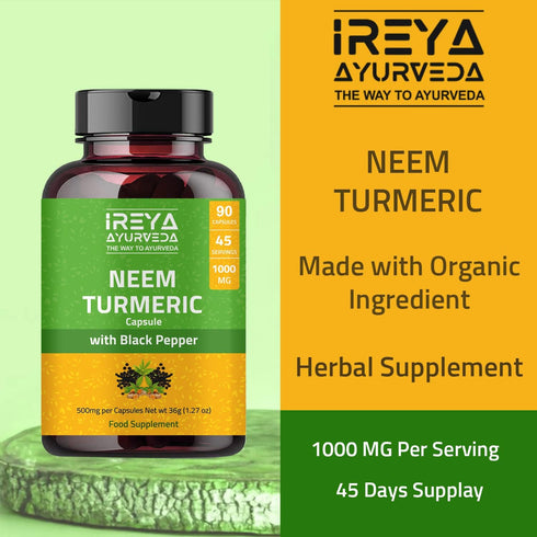 Neem Turmeric Capsules, 90 Capsules 1000mg, Neem Black Pepper Turmeric Supplement