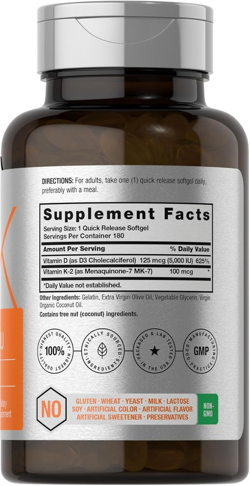 Horbaeach Vitamin D3 K2 | 5000iu of Vitamin D & 100mcg MK-7 Complex | 180 Softgel Capsules | Non-GMO & Gluten Free Supplement