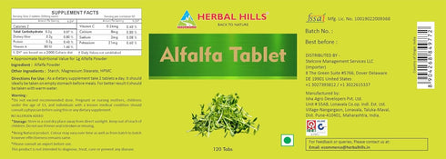 HERBAL HILLS Alfalfa Tablets | 120 Count | Natural Green Superfoods | Source of Vitamin A