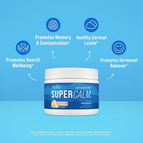 Nello Supercalm Drink Mix - 30 Servings with Ashwagandha KSM 66, Magnesium Glycinate, L-Theanine, Vitamin D3