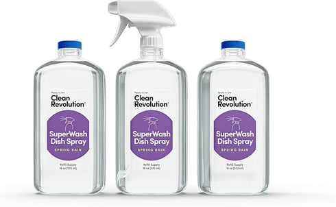 Clean Revolution SuperWash Dish Soap Starter Kit, Three 18-Ounce Bottles + One Trigger Sprayer, 54 Fl Oz Total