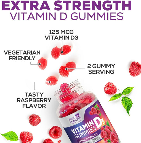 Vitamin D3 Gummies Extra Strength 5000 IU (125 mcg), Nature's Berry Vitamin D Supplement, 120 Gummies, Non-GMO