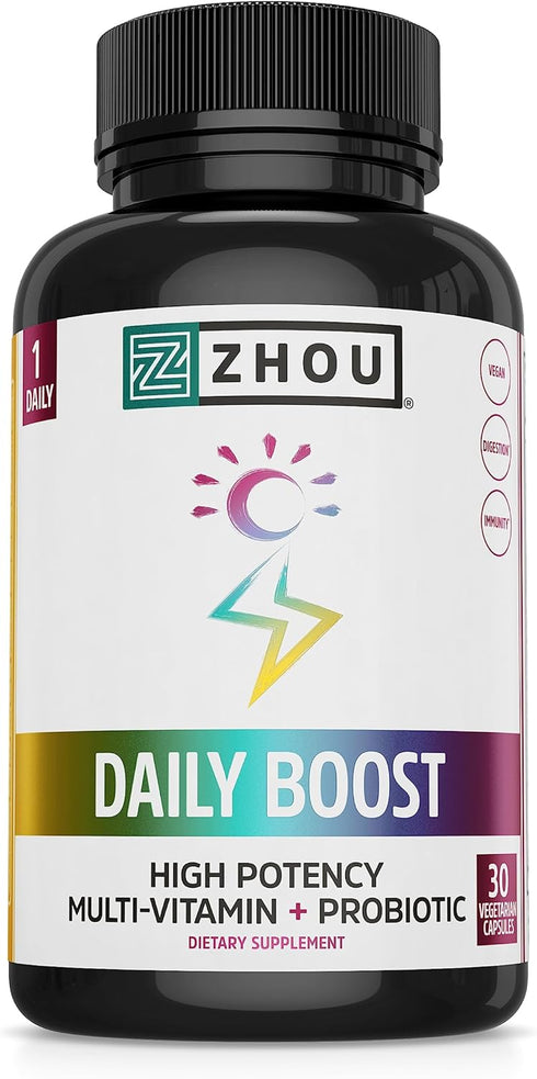 Zhou Nutrition Daily Boost Multivitamin, 30 Servings | Probiotic, Zinc, Vitamin C, D3, B Complex for Immune Support