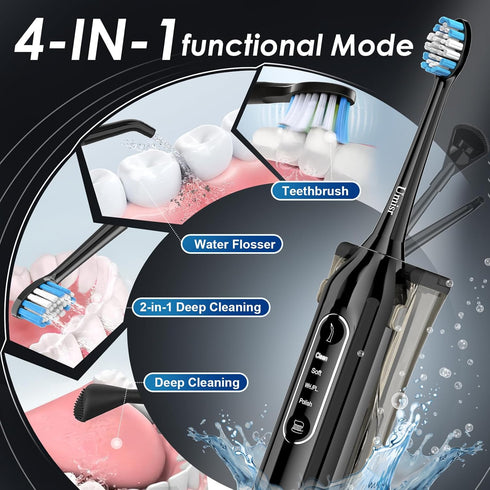 Umisr 4-in-1 7 IPX7 Toothbrush w Water Flosser Combo for Adults, Rechargeable Toothbrushes Teeth Cleaner, Modes
