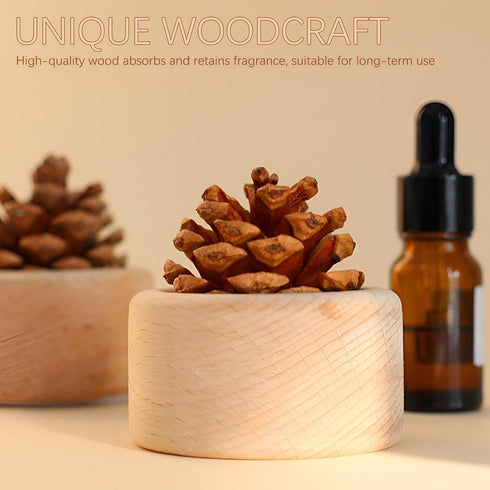SAMIQU Wooden Essential Oil Diffuser - Beech Wood Aromatherapy Diffuser with Natural Pine Cone, Small Cylinder Passive