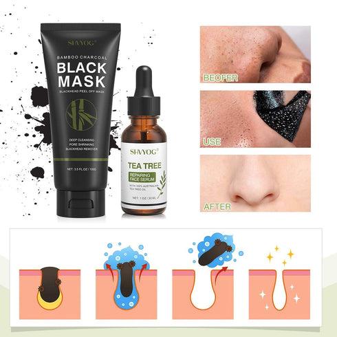 SHVYOG Blackhead Peel Off Face Mask - 3-in-1 Remover with Brush & Tea Tree Oil Serum, Charcoal Mask (100g+30ml)
