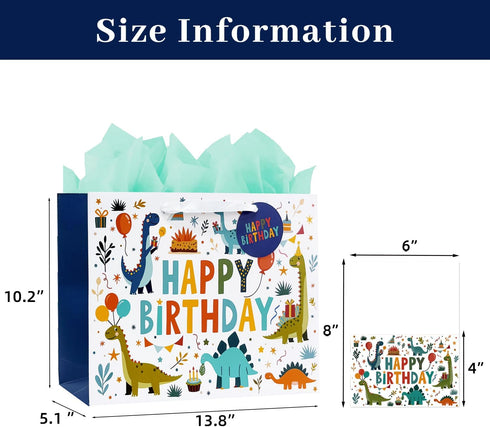 LEAYUGF 13.8" Large Dinosaur Gift Bag with Tissue Paper and Card For Kids Boys Birthday Dinosaur Themed Party Supplies
