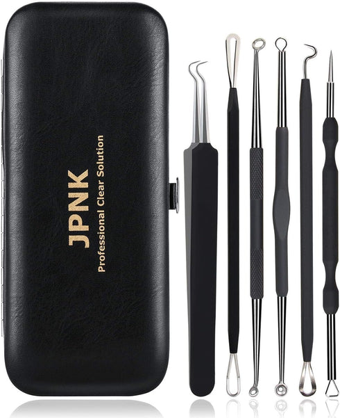 JPNK Blackhead Remover Tool Kit, 6 Pcs Comedones Extractor for Acne Removal with Leather Bag, Black