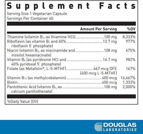 Douglas Laboratories B-Complex with Metafolin - Comprehensive B Vitamin Supplement - Energy & Brain Health Support* - with Folate, Biotin & Thiamin - Non-GMO - 60 Vegetarian Capsules