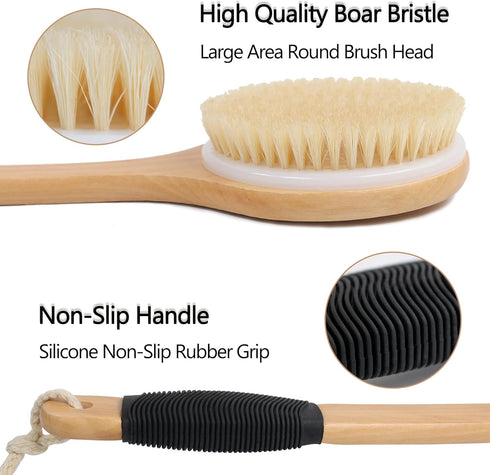 OWIIZI Round Head Back Scrub Brush for Body Shower, Wooden Long Handle, Skin Exfoliator Scrubber for Wet or Dry Use