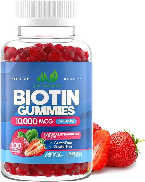 Biotin 10,000mcg Gummies, 100 Count, Extra Strength for Hair Growth, Skin & Nails, Vegan, Strawberry Flavor