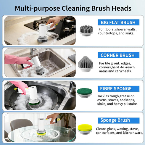 Saertiloki 3000mAh 20W IPX7 6 150-180 Cordless Electric Spin Scrubber, High-Torque Waterproof Cleaning Brush