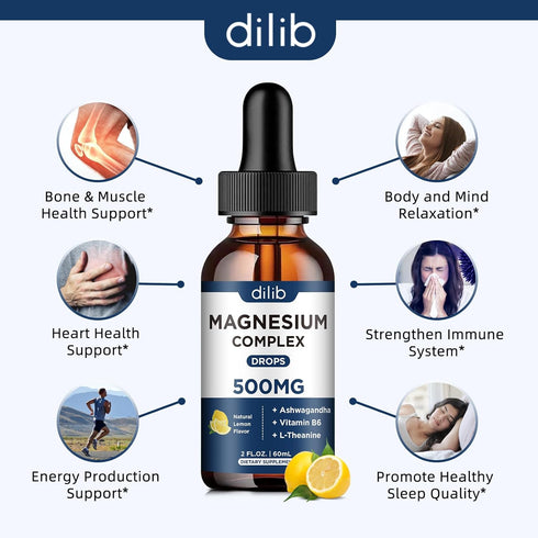 Triple Magnesium Complex Supplement - Liquid Magnesium Glycinate, Citrate, Malate 500mg with Ashwagandha & Vitamin B6