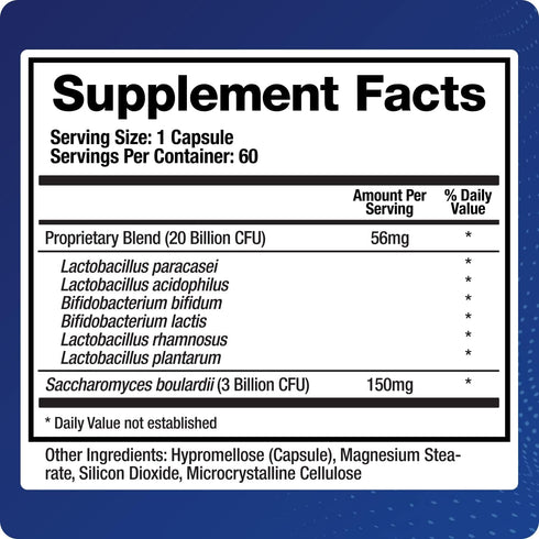 Saccharomyces boulardii Probiotic Supplement with L. paracasei, L. rhamnosus, Bifidobacterium, Acidophilus – 30-60 Day