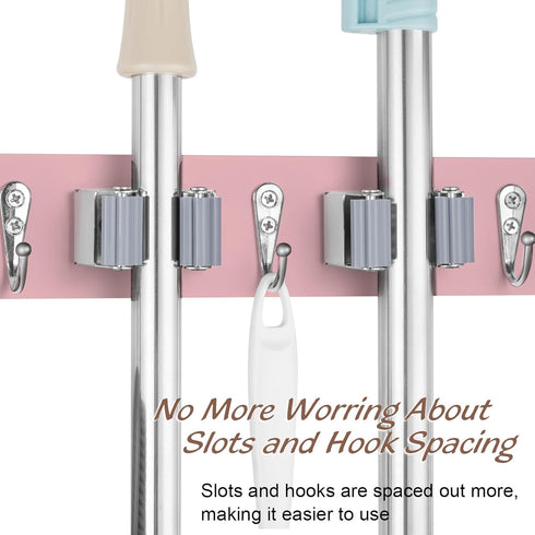 Pink Mop Broom Holder Wall Mount, 4 Slots & 4 Hooks, Wood Hanger for Kitchen Organization and Decor