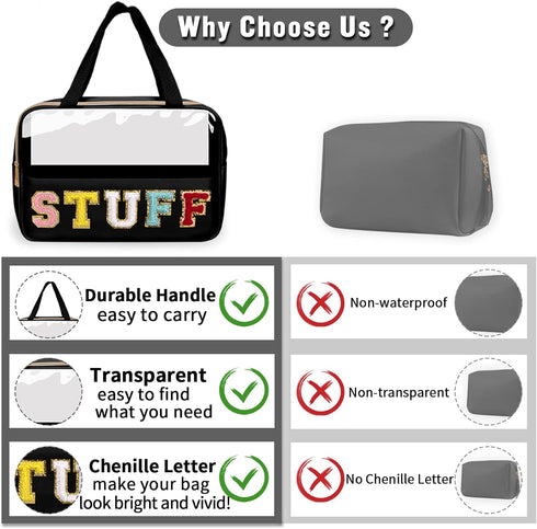 Chenille Letter Clear Makeup Bag Stuff Tote, Preppy Zipper Bag with Handle, Waterproof PVC & Nylon Storage (STUFF-Black)