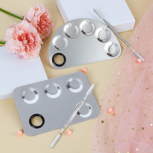 Professional Stainless Steel Makeup Palette, 2 Pieces Cosmetic Palette with Spatula Tool for Nail-art Mixing